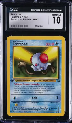 1999 POKEMON FOSSIL - FIRST ED #56/62 TENTACOOL CGC 10 GEM MINT - Image 1