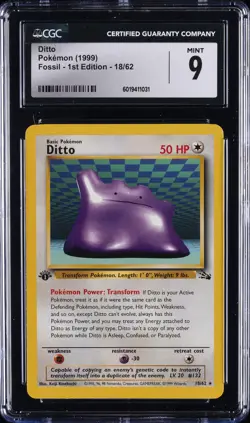 1999 POKEMON FOSSIL - FIRST ED #18/62 DITTO CGC 9 - Image 1