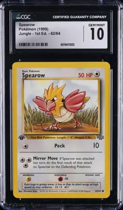 1999 POKEMON JUNGLE - 1ST ED #62/64 SPEAROW CGC 10 GEM MINT - Image 1