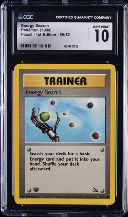 1999 POKEMON FOSSIL - FIRST ED #59/62 ENERGY SEARCH CGC 10 GEM MINT - Image 1