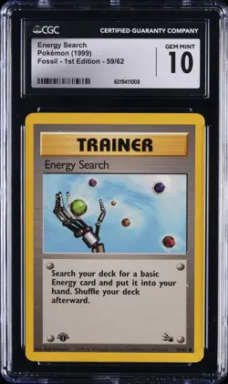 1999 POKEMON FOSSIL - FIRST ED #59/62 ENERGY SEARCH CGC 10 GEM MINT - Image 1