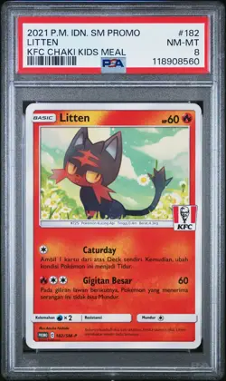 2021 POKEMON INDONESIAN SM PROMO KFC CHAKI KIDS MEAL #182 LITTEN PSA 8 - Image 1
