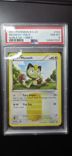 Pokemon Meowth Noble Victories Holo Card 102/101 Secret Rare PSA 8 NM-MT - Image 1