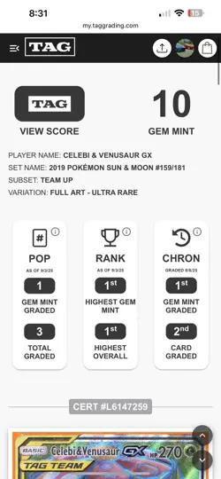 Pokemon TCG Celebi & Venusaur GX Holo Ultra Rare TEAM UP 159/181 TAG 10 - Image 3