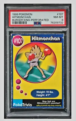 1999 🍔🫅🏻Hitmonchan Pokemon #107 Burger King Perforated PSA-8, None Higher - Image 1
