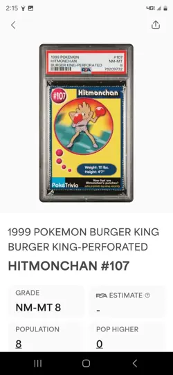 1999 🍔🫅🏻Hitmonchan Pokemon #107 Burger King Perforated PSA-8, None Higher - Image 3