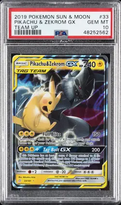 2019 POKEMON SUN & MOON TEAM UP #33 PIKACHU & ZEKROM GX PSA 10 - Image 1