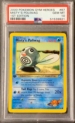 Pokemon Card 1st Edition Misty’s Poliwag PSA 10 Gem Mint, Gym Heroes #87, 2000 - Image 1