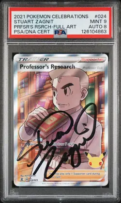 2021 POKEMON CELEBRATIONS #024 FULL ART/PROFESSOR'S RESEARCH PSA 9 AUTO 8 - Image 1