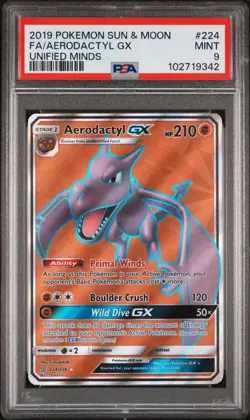 2019 POKEMON SUN & MOON UNIFIED MINDS #224 FULL ART/AERODACTYL GX PSA 9 - Image 1