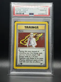 PSA 10 GEM MINT Blaine 17 Gym Challenge 1st Edition Holo Pokemon Card - Image 1