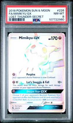 2018 POKEMON SUN & MOON LOST THUNDER SECRET #226 FULL ART/MIMIKYU GX PSA 8 - Image 1