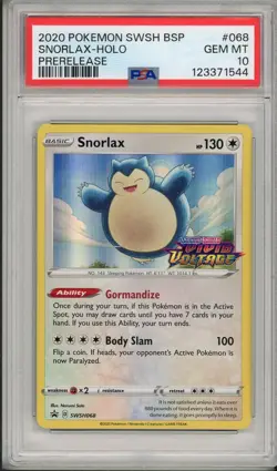 2020 Pokemon SWSH Black Star Promo Snorlax Holo Prerelease #068 PSA 10 - Image 1