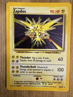 Zapdos Pokemon Card Unlimited Edition Holo Rare Base Set 1999 - 16/102 LP - Image 1