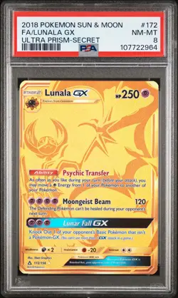 2018 POKEMON SUN & MOON ULTRA PRISM SECRET #172 FULL ART/LUNALA GX PSA 8 - Image 1
