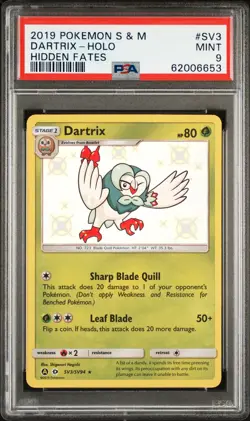 2019 POKEMON SUN & MOON HIDDEN FATES #SV3 DARTRIX-HOLO PSA 9 - Image 1