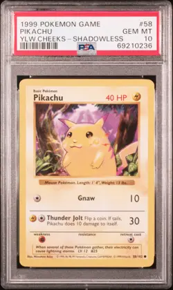 1999 POKEMON BASE SET SHADOWLESS YELLOW CHEEKS #58 PIKACHU PSA 10 - Image 1