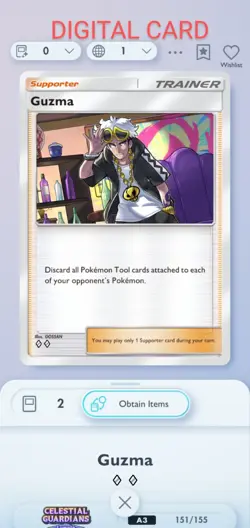 Guzma Pokemon Pocket Mobile Game Celestial Guardians Set ◇◇ Rare Trainer Card - Image 1