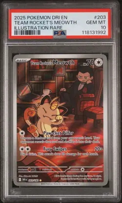 Pokemon 2025 Destined Rivals Team Rockets Meowth Card 203/182 PSA 10 Gem Mint - Image 1