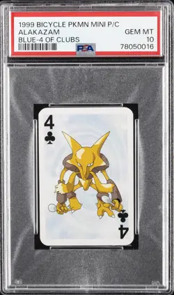 1999 BICYCLE POKEMON MINI PLAYING CARDS BLUE DECK 4 OF CLUBS ALAKAZAM PSA 10 - Image 1