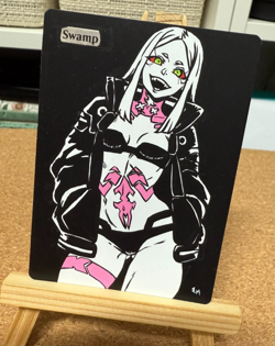 Hand Painted Altered Art Mtg land card Anime girl Swamp - Image 1