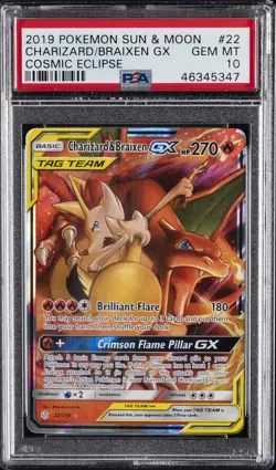 2019 POKEMON SUN & MOON COSMIC ECLIPSE #22 CHARIZARD & BRAIXEN GX PSA 10 - Image 1