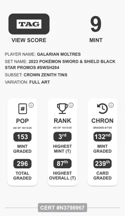 Pokemon Galarian Moltres SWSH284 Crown Zenith Full Holo Black Star Promo TAG 9!! - Image 3