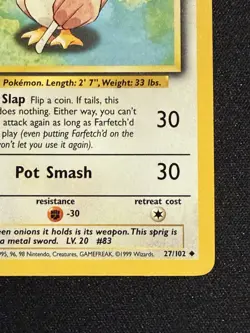 Pokemon TCG Farfetch'd Base Set, Unlimited Uncommon Card 27/102 LP Condition - Image 3