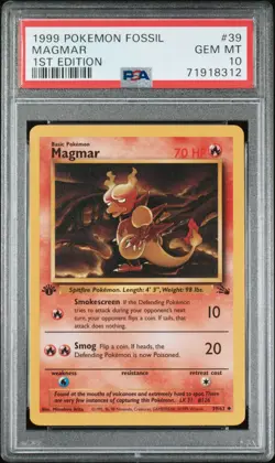 1999 POKEMON FOSSIL 1ST ED #39 MAGMAR PSA 10 - Image 1