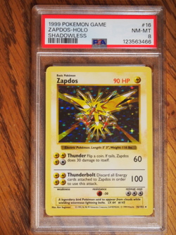 Pokemon 1999 Shadowless Base Zapdos rare foil card, PSA 8 - Image 1