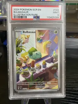 Pokemon 2024 SCR en Bulbasaur Illustration Rare Card 143/142 PSA Mint 9! - Image 1