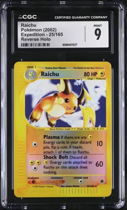 CGC 9 MINT Raichu 2002 Expedition 25/165 Reverse Holo Pokemon Card - Image 1