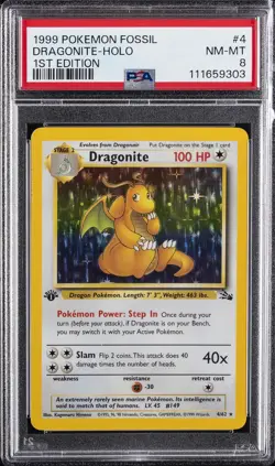 1999 POKEMON FOSSIL 1ST ED #4 DRAGONITE-HOLO PSA 8 - Image 1