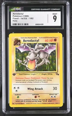 CGC 9 MINT Aerodactyl 1999 Fossil 1st Edition 1/62 Holo Pokemon Card - Image 1