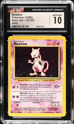 CGC 10 GEM MINT Mewtwo 10/102 Holo Rare Unlimited Base Set 1999 Vintage Pokemon - Image 1