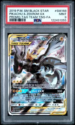 Pokemon 2019 Sun & Moon Tag Team PSA 9 Pikachu & Zekrom GX Promo SM168 - Image 1