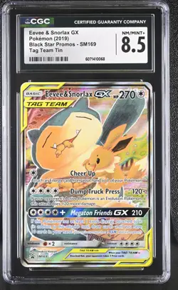 CGC 8.5 Eevee & Snorlax GX Black Star Promos SM169 Tag Team Tin Pokemon Card - Image 1