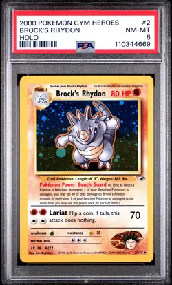 2000 POKEMON GYM HEROES HOLO #2 BROCK'S RHYDON PSA 8 - Image 1
