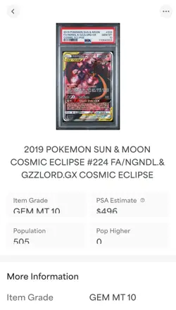 2019 Pokemon Sun & Moon NAGANADEL & GUZZLORD GX 224/236 Cosmic Eclipse PSA 10 - Image 3