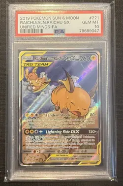 2019 POKEMON SUN MOON UNIFIED MINDS FULL ART RAICHU/ALOLAN RAICHU GX 221 PSA 10 - Image 1
