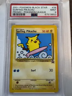 2001 Pokemon Black Star Surfing Pikachu League Promo Card PSA 9 Mint Wotc - Image 1