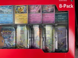 Pokemon Prismatic Evolutions, 8 MINI TINS DISPLAY BOX, Costco TORN BOX - Image 2