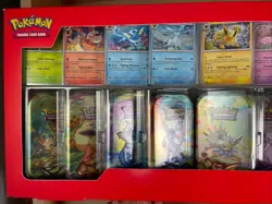 Pokemon Prismatic Evolutions, 8 MINI TINS DISPLAY BOX, Costco TORN BOX - Image 4