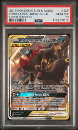 2019 POKEMON SUN & MOON UNIFIED MINDS #125 UMBREON & DARKRAI GX PSA 10 - Image 1