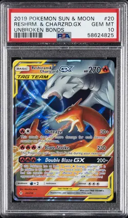 2019 POKEMON SUN & MOON UNBROKEN BONDS #20 RESHIRAM & CHARIZARD GX PSA 10 - Image 1