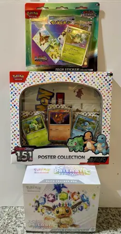 Pokemon, Prismatic Evolutions ETB, Tech Sticker & 151 Poster - Image 1