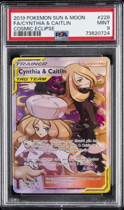 2019 POKEMON SUN & MOON COSMIC ECLIPSE #228 FULL ART/CYNTHIA & CAITLIN PSA 9 - Image 1