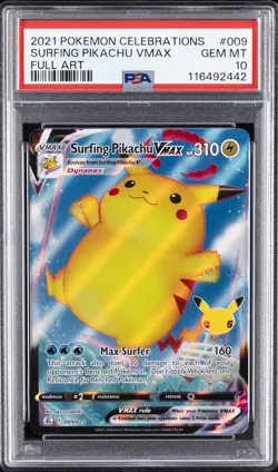 2021 POKEMON CELEBRATIONS #009 FULL ART/SURFING PIKACHU VMAX PSA 10 - Image 1