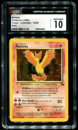 CGC 10 Moltres Holo Rare Fossil 1999 Pokemon Card #12 - Image 1