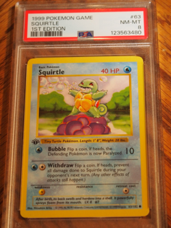Pokemon 1999 1st Edition Shadowless Base Squirtle common card, PSA 8 - Image 1